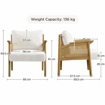 Yaheetech Accent Chair, Boucle Vanity Chair with Rattan Back&Arms Wood Armchair with Loose Back Pillow for Living Room Bedroom White - Image 3