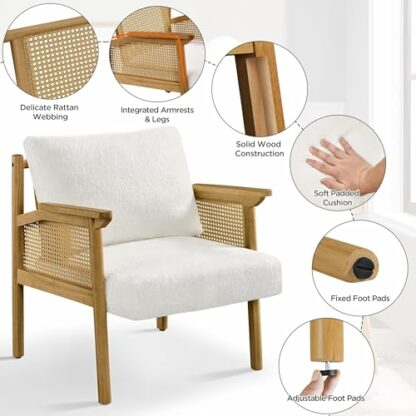 Yaheetech Accent Chair, Boucle Vanity Chair with Rattan Back&Arms Wood Armchair with Loose Back Pillow for Living Room Bedroom White - Image 4