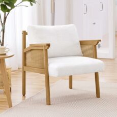 Yaheetech Accent Chair, Boucle Vanity Chair with Rattan Back&Arms Wood Armchair with Loose Back Pillow for Living Room Bedroom White
