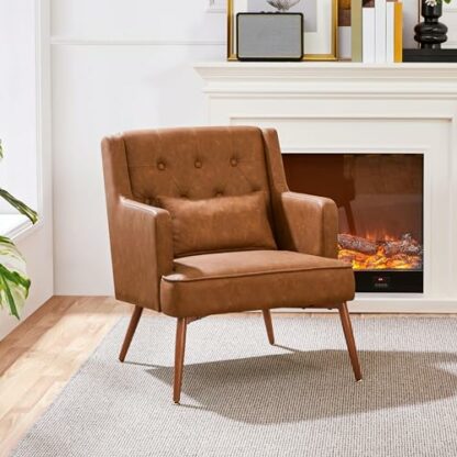 Yaheetech Armchair, Cozy Accent Chair Mid Century Living Room Chair PU Leather Office Chair Lumbar Pillow, Modern Upholstered Tub Chair Retro Reading Chair Wood Leg Bedroom Lounge Study Brown - Image 3