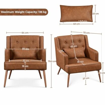 Yaheetech Armchair, Cozy Accent Chair Mid Century Living Room Chair PU Leather Office Chair Lumbar Pillow, Modern Upholstered Tub Chair Retro Reading Chair Wood Leg Bedroom Lounge Study Brown - Image 4