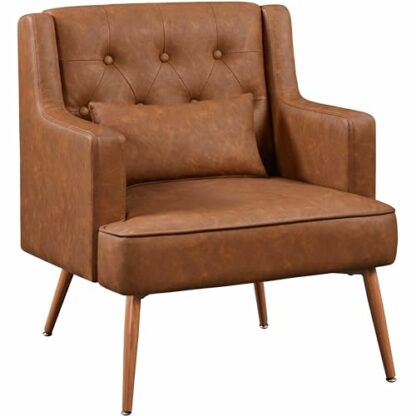 Yaheetech Armchair, Cozy Accent Chair Mid Century Living Room Chair PU Leather Office Chair Lumbar Pillow, Modern Upholstered Tub Chair Retro Reading Chair Wood Leg Bedroom Lounge Study Brown - Image 2