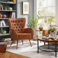 Yaheetech Armchair, Vintage Oversized PU Leather Accent Chair with Button Tufted High Back, Wood Grain Metal Legs for Living Room Bedroom Home Office Study, Brown