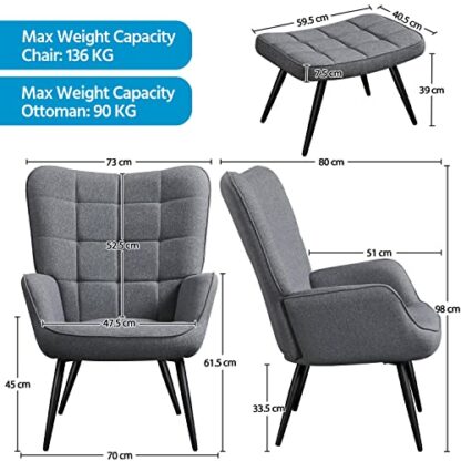 Yaheetech Armchair with ottoman Set, Modern Linen Fabric Accent chair with Footrest, Oversized Tub Chair with High Back and Metal Legs for Living Room Bedroom, Gray 4 Yaheetech Armchair with ottoman Set, Modern Linen Fabric Accent chair with Footrest, Oversized Tub Chair with High Back and Metal Legs for Living Room Bedroom, Gray - Image 4