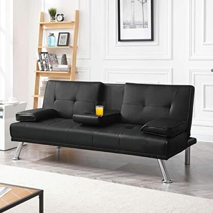Yaheetech Click Clack Sofa Bed Faux Leather 3 Seater Sofa Couch Living Room/Spare Room/Guest Room Bed Settee with Cup Holders - Image 3