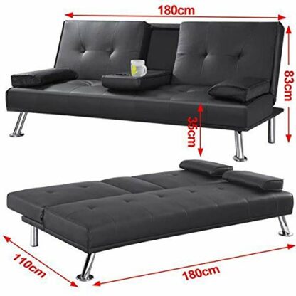 Yaheetech Click Clack Sofa Bed Faux Leather 3 Seater Sofa Couch Living Room/Spare Room/Guest Room Bed Settee with Cup Holders - Image 4