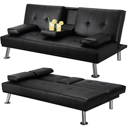 Yaheetech Click Clack Sofa Bed Faux Leather 3 Seater Sofa Couch Living Room/Spare Room/Guest Room Bed Settee with Cup Holders - Image 2