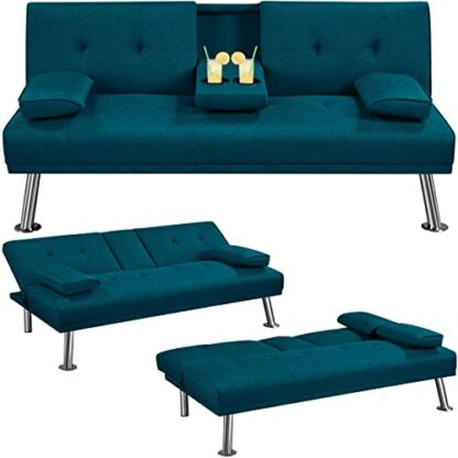 Yaheetech Modern Fabric Sofa Bed Convertible Futon with 2 Cup Holders Recliner Sleeper for Living Room/Spare Room/Guest Room - Image 2