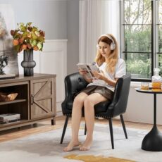 Yaheetech Modern Tub Chair, Upholstered PU Leather Armchair, Button Tufted Accent Chair with Comfy Seat Cushion and Metal Legs for Living Room Bedroom