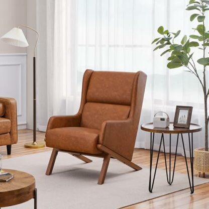 Yaheetech PU Leather Armchair, Retro Accent Chair with High and Wide Back, Thick Seat Couhion Living Room Chair for Reading Nook, Home Office, Bedroom, Brown - Image 4