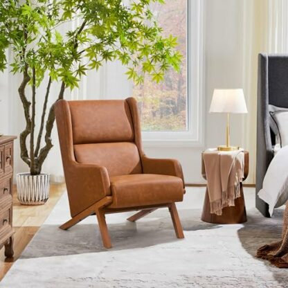 Yaheetech PU Leather Armchair, Retro Accent Chair with High and Wide Back, Thick Seat Couhion Living Room Chair for Reading Nook, Home Office, Bedroom, Brown - Image 2