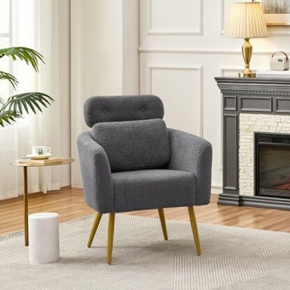 Yaheetech Tub Chair, Cozy Living Room Chair with Adjustable Headrest, Boucle Armchair with Lumbar Pillow and Golden Legs, Modern Accent Chair for Bedroom Lounge Waiting Room Office 3 Yaheetech Tub Chair, Cozy Living Room Chair with Adjustable Headrest, Boucle Armchair with Lumbar Pillow and Golden Legs, Modern Accent Chair for Bedroom Lounge Waiting Room Office - Image 3