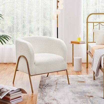 Yaheetech Tub Chair, Fuzzy Boucle Fabric Barrel Chair, Modern Accent Chair with Gold-tone Metal Legs for Living Room Bedroom Home Office, Ivory - Image 3