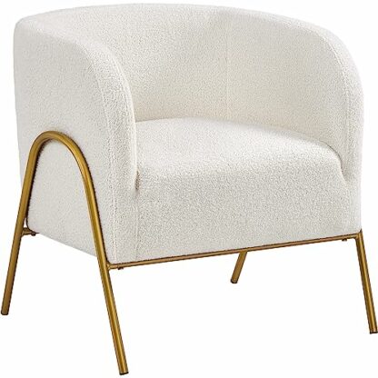 Yaheetech Tub Chair, Fuzzy Boucle Fabric Barrel Chair, Modern Accent Chair with Gold-tone Metal Legs for Living Room Bedroom Home Office, Ivory - Image 2
