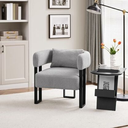 Yaheetech Tub Chair, Modern Boucle Fabric Vanity Chair, Cozy Accent Chair with Metal Legs and Lumbar Pillow, Upholstered Armchair for Living Room Makeup Room Bedroom - Image 3