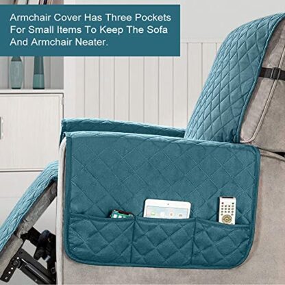 YancLife Recliner Chair Cover Pad with 6 Side Pockets, Reclining Chair Adjustable Soft Non-slip Buckles Protective Armchair Sofa Cushion Furniture Protector for Home with Children and Pets Dog - Image 3
