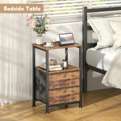 Yornoli Bedside Table with Charging Station 40cm Wide Bed Side Table for Bedroom with Fabric Drawers Small End Tables with Led Lights for Living Room Small Spaces Rustic Brown 3 Yornoli Bedside Table with Charging Station 40cm Wide Bed Side Table for Bedroom with Fabric Drawers Small End Tables with Led Lights for Living Room Small Spaces Rustic Brown - Image 3