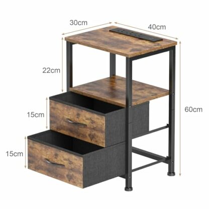 Yornoli Bedside Table with Charging Station 40cm Wide Bed Side Table for Bedroom with Fabric Drawers Small End Tables with Led Lights for Living Room Small Spaces Rustic Brown 4 Yornoli Bedside Table with Charging Station 40cm Wide Bed Side Table for Bedroom with Fabric Drawers Small End Tables with Led Lights for Living Room Small Spaces Rustic Brown - Image 4