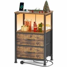 Yornoli Bedside Table with Charging Station 40cm Wide Bed Side Table for Bedroom with Fabric Drawers Small End Tables with Led Lights for Living Room Small Spaces Rustic Brown