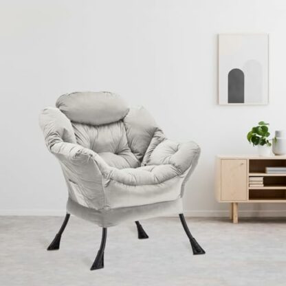 Youtanic Lazy Chair Thick Padded, Accent Chair Velvet Upholstered with Wide Seat, Stable Metal Frame and Non-Slip Pad, Modern Sofa Armchair with Side Storage Bag for Dorm, Room, Office, Light Gray 3 Youtanic Lazy Chair Thick Padded, Accent Chair Velvet Upholstered with Wide Seat, Stable Metal Frame and Non-Slip Pad, Modern Sofa Armchair with Side Storage Bag for Dorm, Room, Office, Light Gray - Image 3