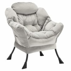 Youtanic Lazy Chair Thick Padded, Accent Chair Velvet Upholstered with Wide Seat, Stable Metal Frame and Non-Slip Pad, Modern Sofa Armchair with Side Storage Bag for Dorm, Room, Office, Light Gray
