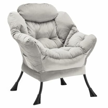Youtanic Lazy Chair Thick Padded, Accent Chair Velvet Upholstered with Wide Seat, Stable Metal Frame and Non-Slip Pad, Modern Sofa Armchair with Side Storage Bag for Dorm, Room, Office, Light Gray 2 Youtanic Lazy Chair Thick Padded, Accent Chair Velvet Upholstered with Wide Seat, Stable Metal Frame and Non-Slip Pad, Modern Sofa Armchair with Side Storage Bag for Dorm, Room, Office, Light Gray - Image 2