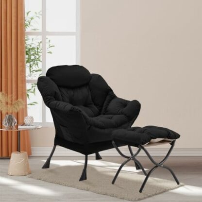 Youtanic Lazy Chair with Folding Ottoman, Accent Chair Velvet Upholstered with Metal Structure and Non-Slip Pads, Sofa Armchair with Footrest and Side Storage Bag for Dorm, Room, Office, Black 3 Youtanic Lazy Chair with Folding Ottoman, Accent Chair Velvet Upholstered with Metal Structure and Non-Slip Pads, Sofa Armchair with Footrest and Side Storage Bag for Dorm, Room, Office, Black - Image 3