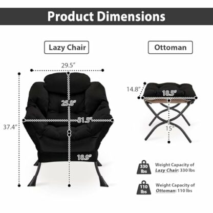 Youtanic Lazy Chair with Folding Ottoman, Accent Chair Velvet Upholstered with Metal Structure and Non-Slip Pads, Sofa Armchair with Footrest and Side Storage Bag for Dorm, Room, Office, Black 4 Youtanic Lazy Chair with Folding Ottoman, Accent Chair Velvet Upholstered with Metal Structure and Non-Slip Pads, Sofa Armchair with Footrest and Side Storage Bag for Dorm, Room, Office, Black - Image 4