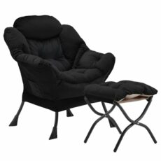 Youtanic Lazy Chair with Folding Ottoman, Accent Chair Velvet Upholstered with Metal Structure and Non-Slip Pads, Sofa Armchair with Footrest and Side Storage Bag for Dorm, Room, Office, Black