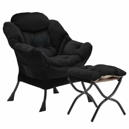 Youtanic Lazy Chair with Folding Ottoman, Accent Chair Velvet Upholstered with Metal Structure and Non-Slip Pads, Sofa Armchair with Footrest and Side Storage Bag for Dorm, Room, Office, Black 2 Youtanic Lazy Chair with Folding Ottoman, Accent Chair Velvet Upholstered with Metal Structure and Non-Slip Pads, Sofa Armchair with Footrest and Side Storage Bag for Dorm, Room, Office, Black - Image 2