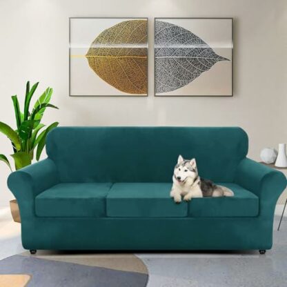 ZNSAYOTX Luxury Velvet Couch Cover 4 Piece Stretch Sofa Covers for 3 Cushion Couch Soft Spandex Sofa Slipcover Living Room Anti Slip Dogs Pet Furniture Protector (Deep Teal), 71"-91"(3 Cushions) - Image 4