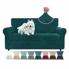 ZNSAYOTX Luxury Velvet Couch Cover 4 Piece Stretch Sofa Covers for 3 Cushion Couch Soft Spandex Sofa Slipcover Living Room Anti Slip Dogs Pet Furniture Protector (Deep Teal), 71"-91"(3 Cushions)