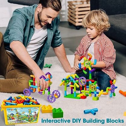 burgkidz Pipe Tube Toys,Kids Water Tube Locks Construction Building Blocks, Educational Building Learning Toys with Wheels and Baseplate for All Ages Boys Girls - Image 3