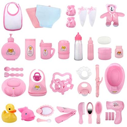 deAO Baby Doll Accessories Set 40PCS Pretend Play Role Play Games Set with Baby Feeding Accessories, Bag, Doll Bear, Bath, Soother Dummy, and Much More-Nurturing Pretend Toy for Kids 3 deAO Baby Doll Accessories Set 40PCS Pretend Play Role Play Games Set with Baby Feeding Accessories, Bag, Doll Bear, Bath, Soother Dummy, and Much More-Nurturing Pretend Toy for Kids - Image 3