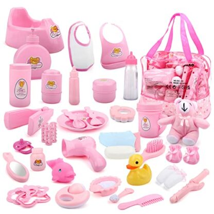 deAO Baby Doll Accessories Set 40PCS Pretend Play Role Play Games Set with Baby Feeding Accessories, Bag, Doll Bear, Bath, Soother Dummy, and Much More-Nurturing Pretend Toy for Kids 2 deAO Baby Doll Accessories Set 40PCS Pretend Play Role Play Games Set with Baby Feeding Accessories, Bag, Doll Bear, Bath, Soother Dummy, and Much More-Nurturing Pretend Toy for Kids - Image 2