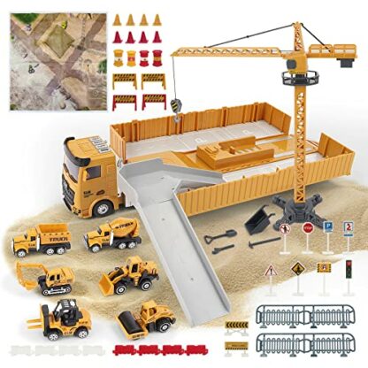 deAO Construction Set with Cargo Truck with Bulldozer, Tractor, Forklift, Mixer, Excavator, Crane and Dumper-Gift - Image 2