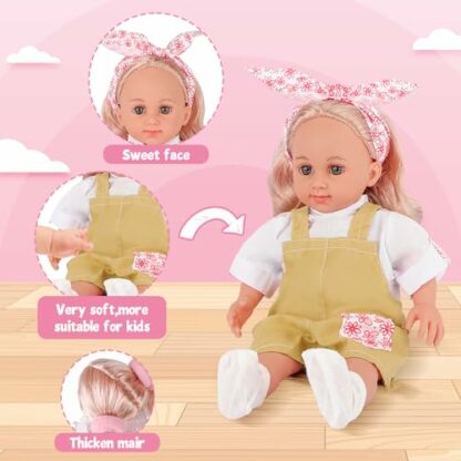 deAO Dolls for Age 3 4 5 6 Girls, Baby Doll Set, 14" Baby Doll with 3 Doll Clothes and 15PCS Doll Accessories Doll Dress Up Set, Pretend Play Toys for Kids 3 deAO Dolls for Age 3 4 5 6 Girls, Baby Doll Set, 14" Baby Doll with 3 Doll Clothes and 15PCS Doll Accessories Doll Dress Up Set, Pretend Play Toys for Kids - Image 3