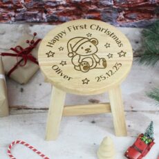 eBuyGB Personalised Happy First Christmas Stool with Name, Child’s Wooden Baby Chair, 1st for Daughter, Son, Godson, Goddaughter, Godson