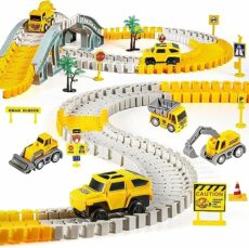 kizplays 260 PCS Construction Race Tracks for Kids Toys, 2 Electric Cars, 4 Construction Cars, 1 Map & Flexible DIY Track Set, Engineering Presents for 3 4 5 6 Year Old Boys Girls