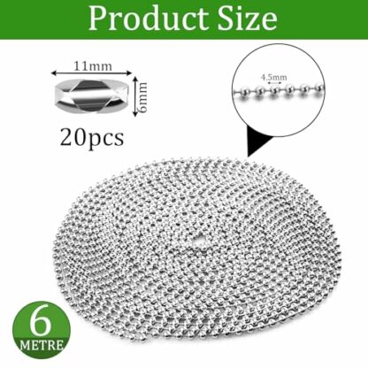 rietegio Roller Blind Chain 6 Meter Stainless Steel Blind Beads Chain with 20 Pcs Blind Cord Connector 4.5mm Silver Replacement Chain for Roller Blind and Vertical Blinds Repair Parts - Image 3