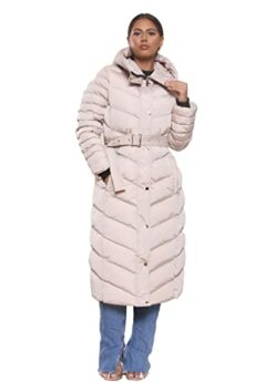 shelikes Women Winter Coat Warm Quilted Hooded Belted Faux Fur Trim Puffer Coats Parka Long Jacket