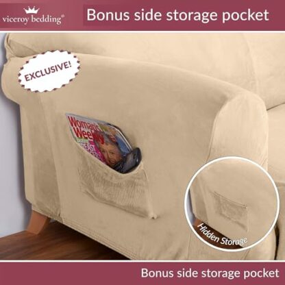 viceroy bedding VELVET STRETCH Thick Sofa Covers 1/2/3/4 Seater Sofa Furniture Protector EASY FIT ELASTIC Jacquard Fabric Couch Settee Slipcover BONUS SIDE STORAGE POCKET - Image 3