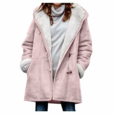 AMhomely Women Coats Winter Sale Plus Size Ladies Fleece Lined Jacket Hoodies Pocket Woolen Casual Hooded Coats Horn Button Casual Warm Jacket Trench Coats Long Sleeve Hooded Overcoats