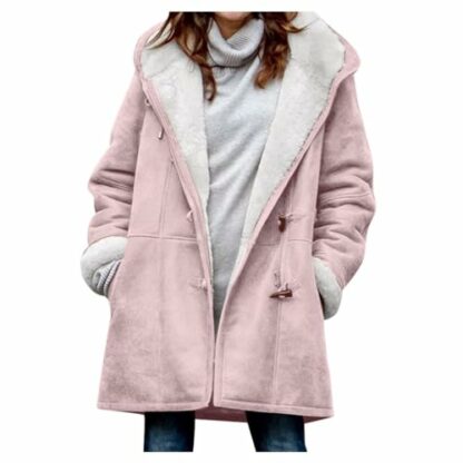 AMhomely Women Coats Winter Sale Plus Size Ladies Fleece Lined Jacket Hoodies Pocket Woolen Casual Hooded Coats Horn Button Casual Warm Jacket Trench Coats Long Sleeve Hooded Overcoats - Image 2
