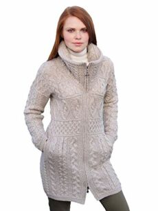 Aran Crafts Women's Irish Cable Knitted Double Collar Coat (100% Merino Wool)
