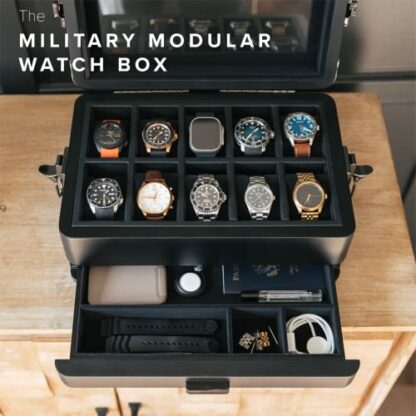 CASE ELEGANCE Military 10 Slot Watch Box Case Organizer for Men, Real Glass Top, Modular Valet Tray, Apple Watch Compatible with Apple Watch Stand, Accessory Drawer - Image 3