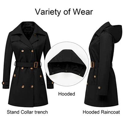 CREATMO US Women's Trench Coat Double-Breasted Classic Lapel Overcoat Belted Slim Outerwear Coat with Detachable Hood - Image 4