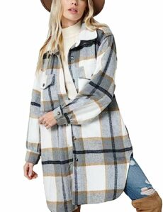 HangNiFang Women's Long Plaid Shacket Jacket Oversized Button Down Shirts Winter Warm Pea Coat