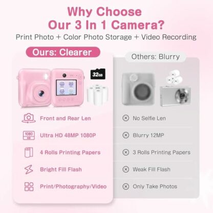 Kids Camera Instant Print, Dual-Lens 48MP Digital Camera,1080P HD Video and Selfie Kids Camera with 32G Card and 4 Print Paper, for Age 3-12 Years Old Boys & Girls Birthday Gifts 4 Kids Camera Instant Print, Dual-Lens 48MP Digital Camera,1080P HD Video and Selfie Kids Camera with 32G Card and 4 Print Paper, for Age 3-12 Years Old Boys & Girls Birthday Gifts - Image 4