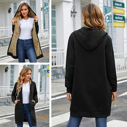 Nadeer Hoodies Coat Women Plain Sherpa Plush Zip Up Mid-Long Casual Warm Fleece Drawstring Ladies Hooded Sweatshirt Winter Long Sleeve Jacket with Pockets Outwear - Image 4